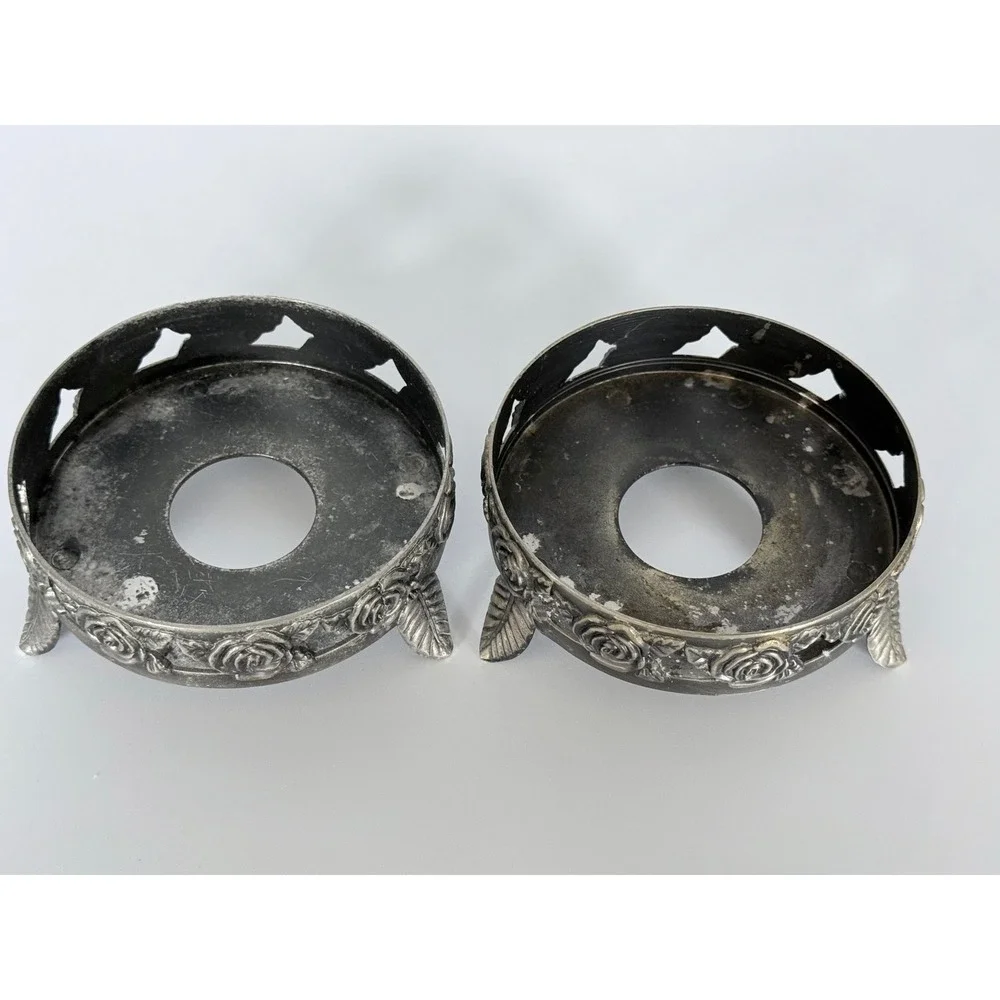 2 Silver Tone Metal Rose Candle Ring Base Holder Stand Holds 4